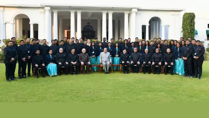 The Officer Trainees of the 75th batch of Indian Revenue Service meeting Vice President, Shri Jagdeep Dhankhar